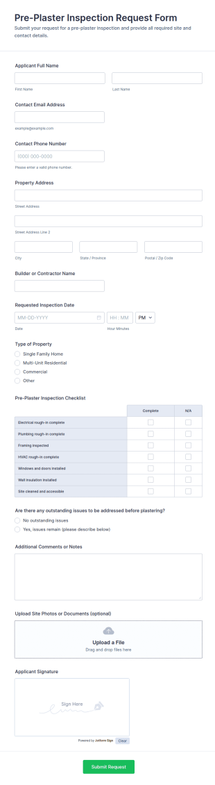 Pre Plaster Inspection Request Form Template