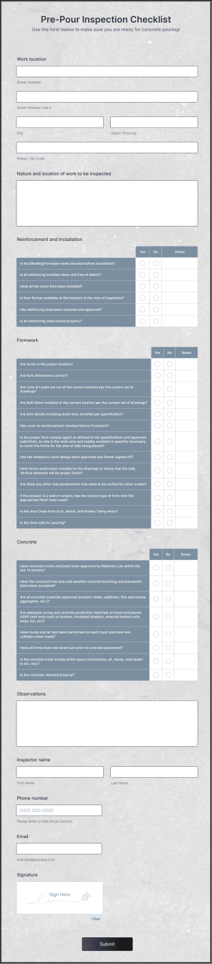 Pre Pour Inspection Checklist Form Template