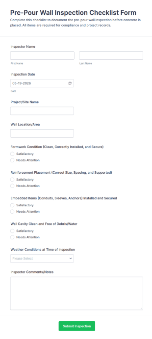 Pre Pour Wall Inspection Checklist Form Template