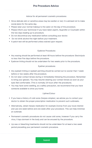 Pre Procedure Advice Form Template