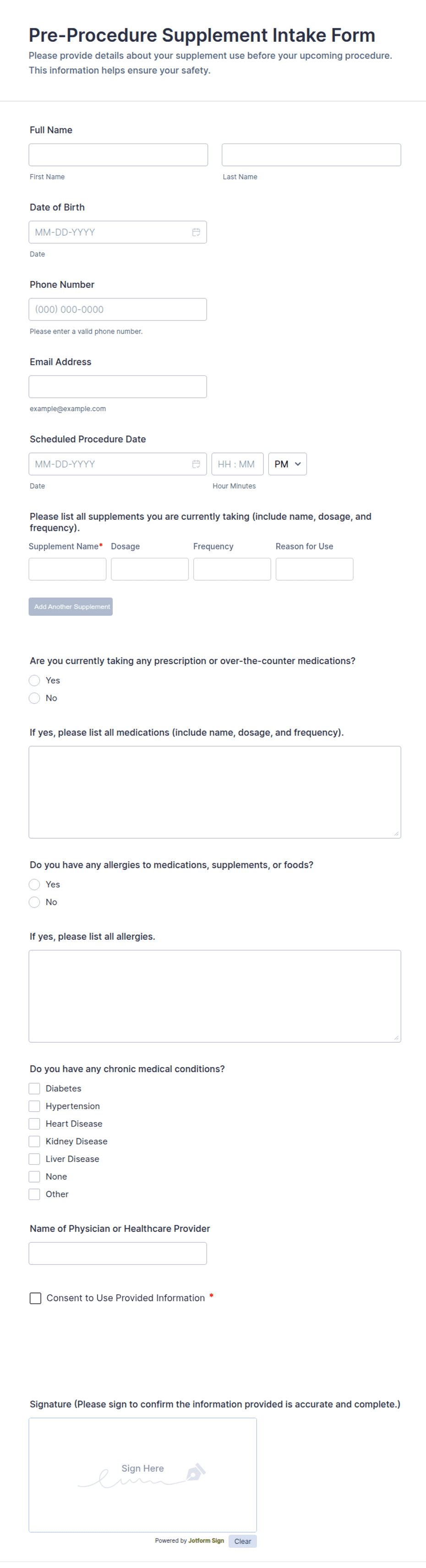 Prep Intake Form Pre-Procedure Supplement Intake Form Template | Jotform