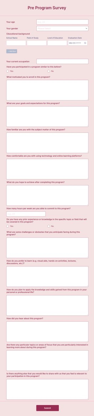 Pre Program Survey Form Template