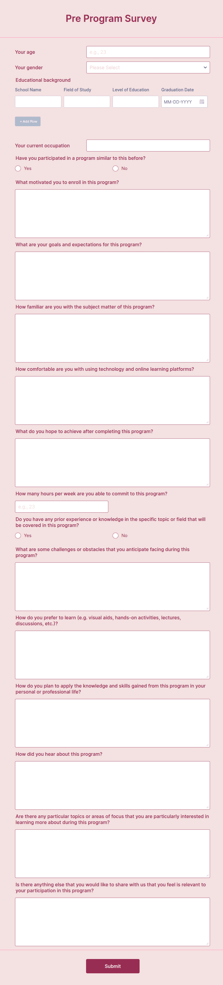 Pre Program Survey Form Template | Jotform