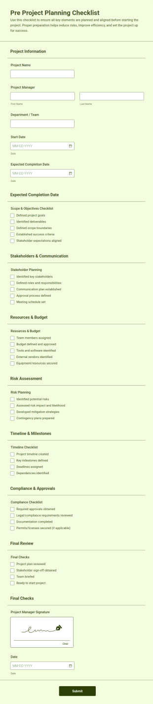 Pre Project Planning Checklist Form Template