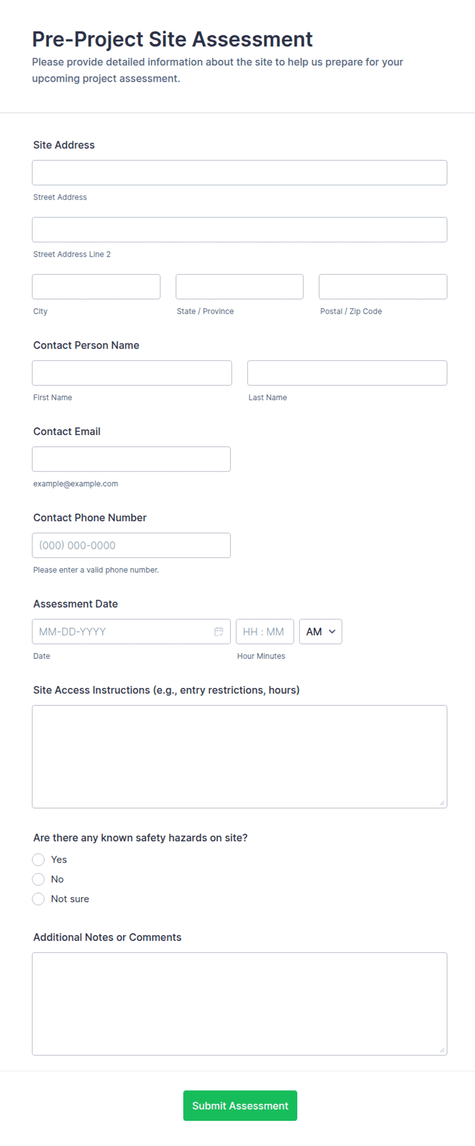 Project Assessment Form Example Pre-Project Site Assessment Form Template | Jotform