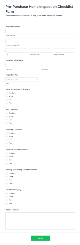 Pre Purchase Home Inspection Checklist Form Template