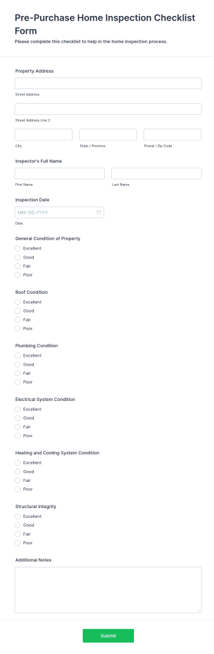 Pre Purchase Home Inspection Checklist Form Template