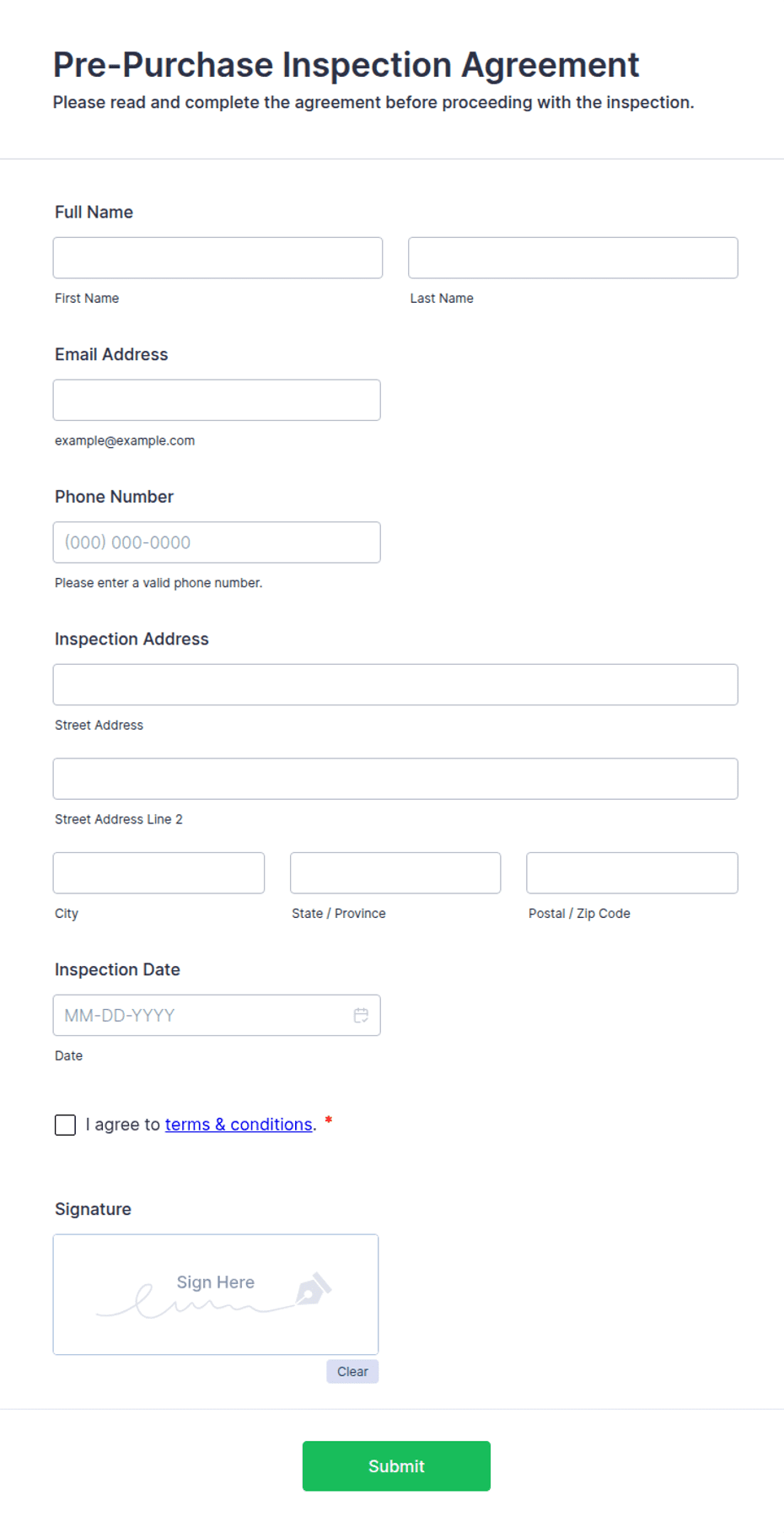 Pre-Purchase Inspection Agreement Form Template | Jotform