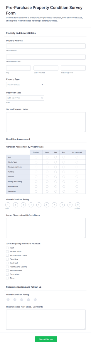 Pre Purchase Property Condition Survey Form Template