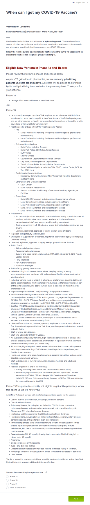 Sunshine Pharmacy Pre Registration Form For Covid 19 Form Template
