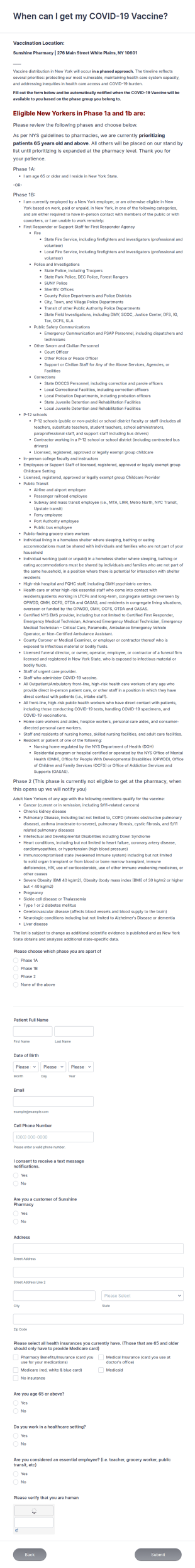 Sunshine Pharmacy Pre Registration Form For Covid 19
