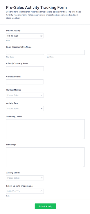 Pre Sales Activity Tracking Form Template