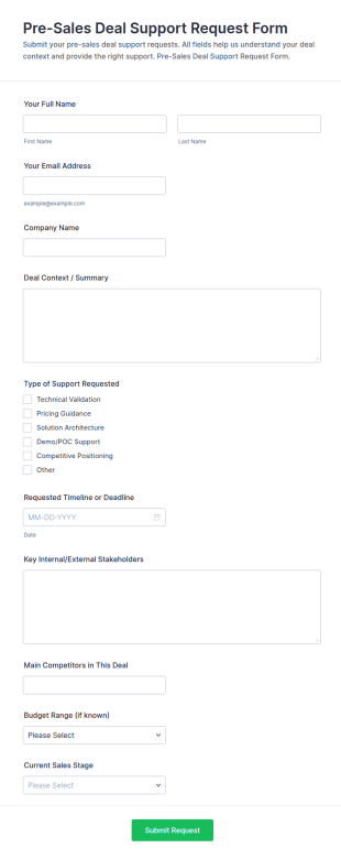 Pre Sales Deal Support Request Form Template