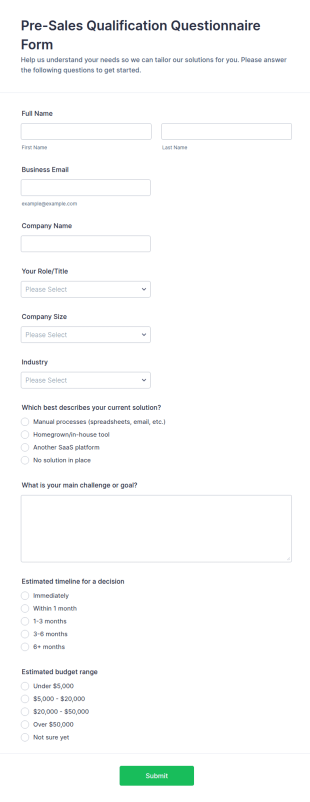 Pre Sales Qualification Questionnaire Form Template