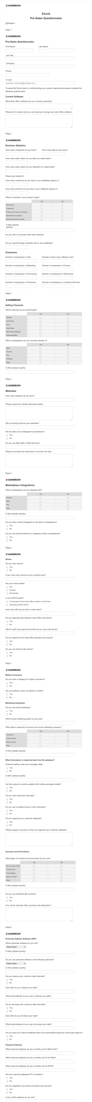 Pre Sales Questionnaire Form Template