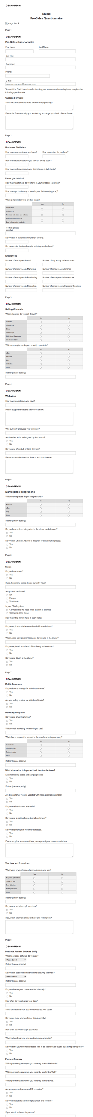 Pre Sales Questionnaire Form Template