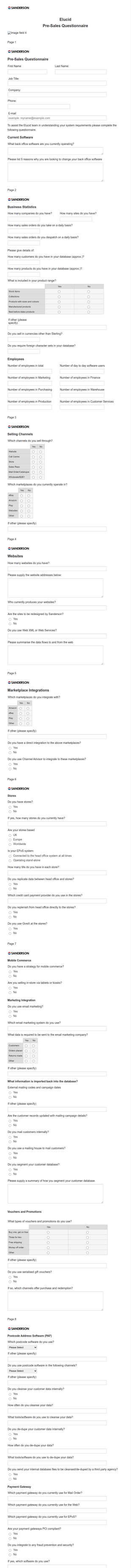 Pre Sales Questionnaire Form Template