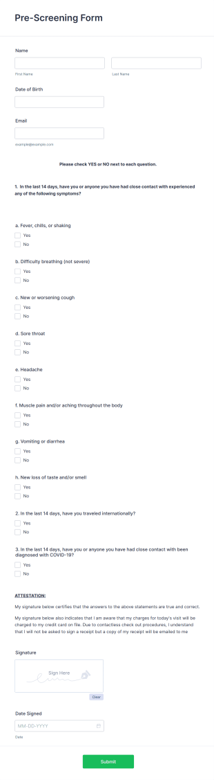 Pre Screening Form Template