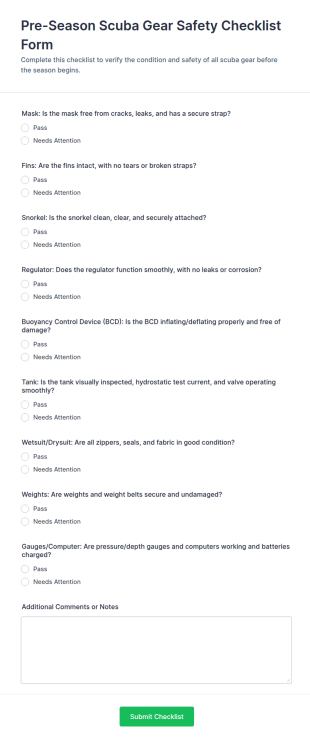 Pre Season Scuba Gear Safety Checklist Form Template