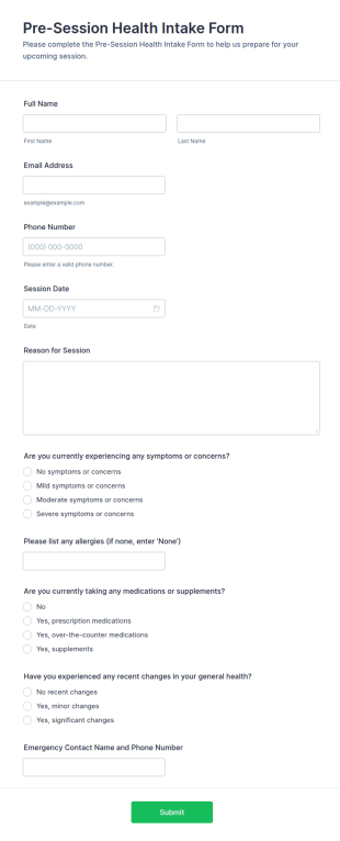 Pre Session Health Intake Form Template