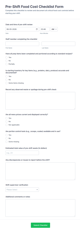 Pre Shift Food Cost Checklist Form Template