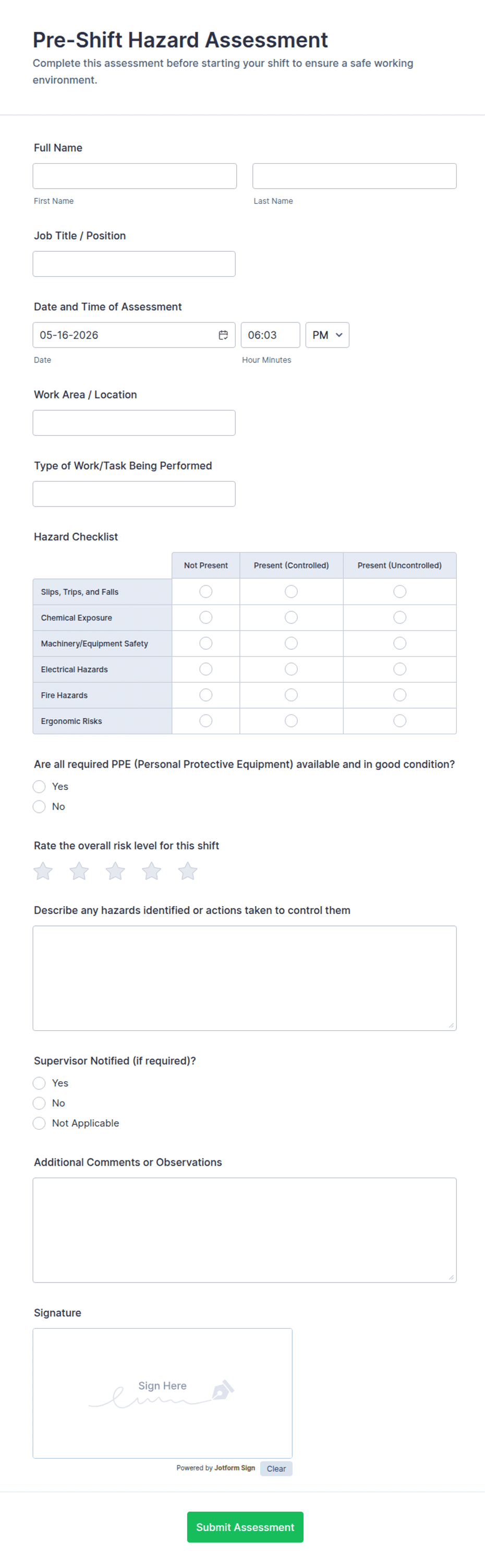 Pre Shift Risk Assessment Pre-Shift Hazard Assessment Form Template | Jotform