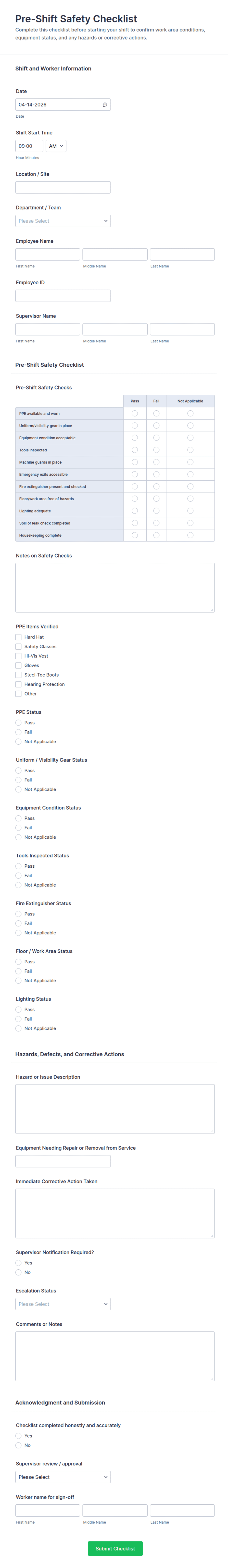 Pre Shift Risk Assessment Pre-Shift Safety Checklist Form Template | Jotform
