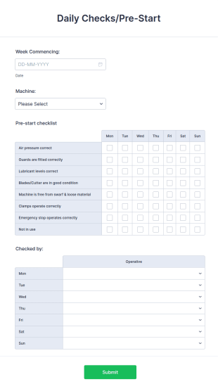 Pre Start Daily Check Form Template
