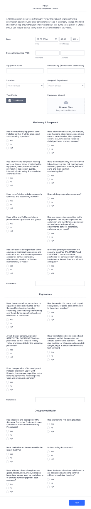 Pre Startup Safety Review Checklist Form Template