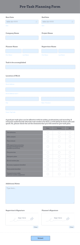 Pre Task Planning Form Template
