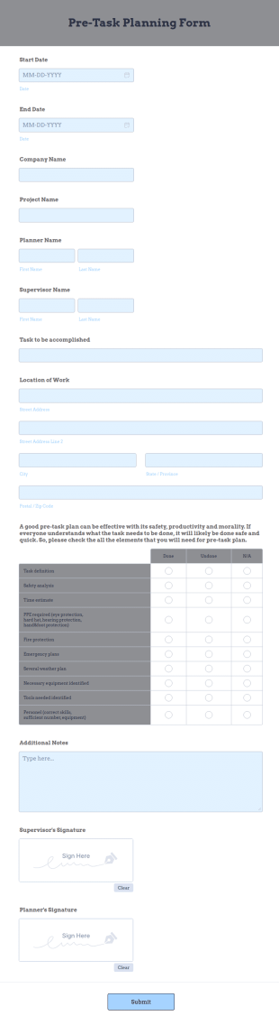 Pre Task Planning Form Template