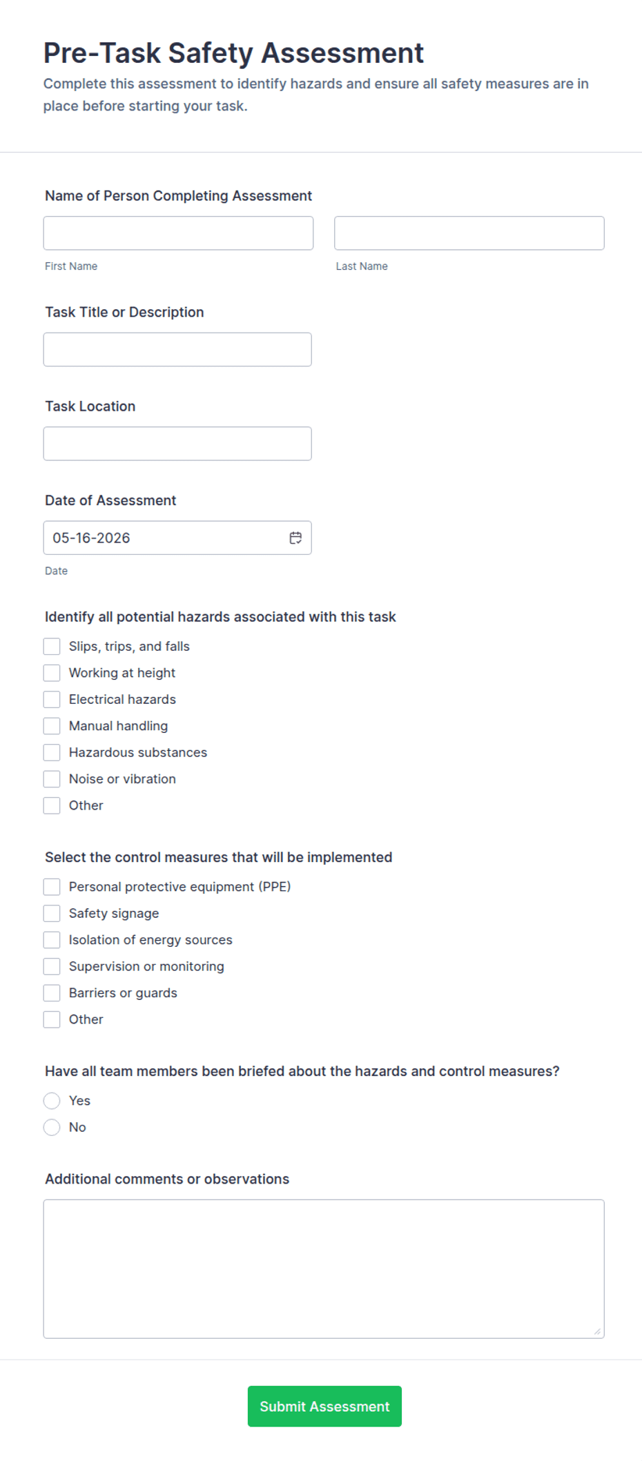 Safety Task Assignment Form Pre-Task Safety Assessment Form Template | Jotform