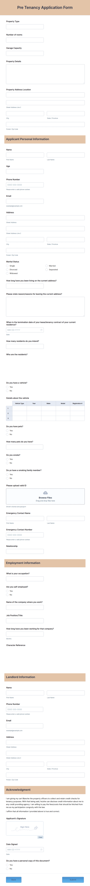 Pre Tenancy Application Form Template