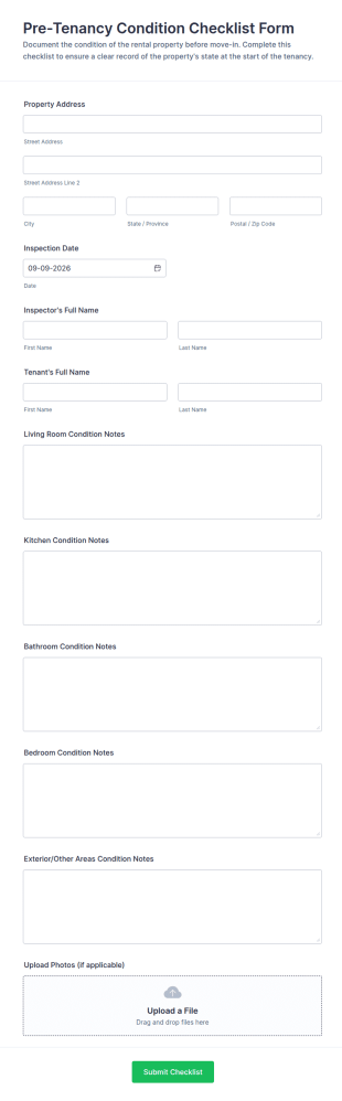 Pre Tenancy Condition Checklist Form Template