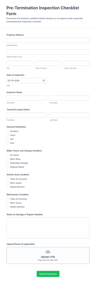 Pre Termination Inspection Checklist Form Template
