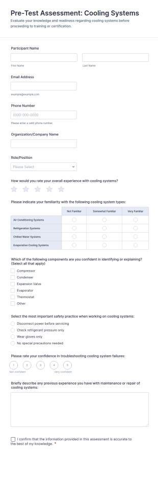 Pre Test Assessment: Cooling Systems Form Template