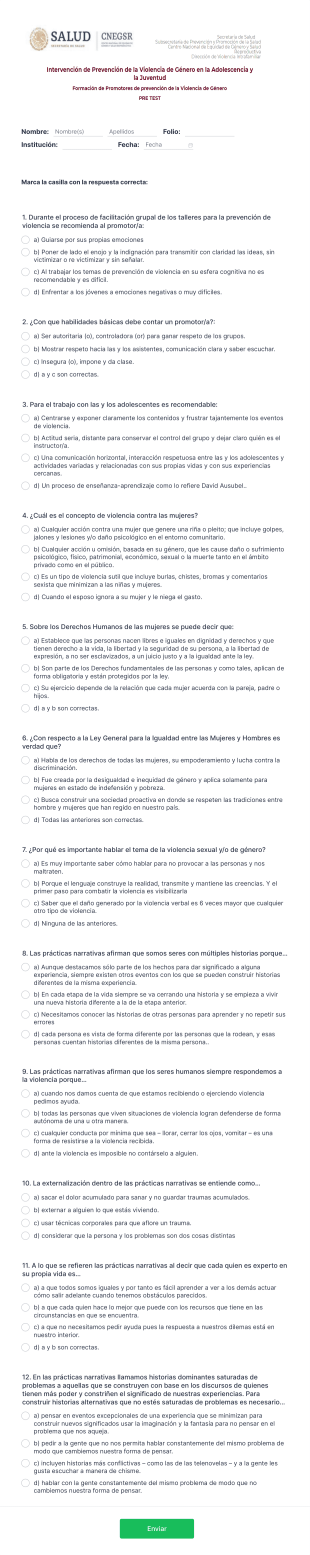 Pre Test Form Template