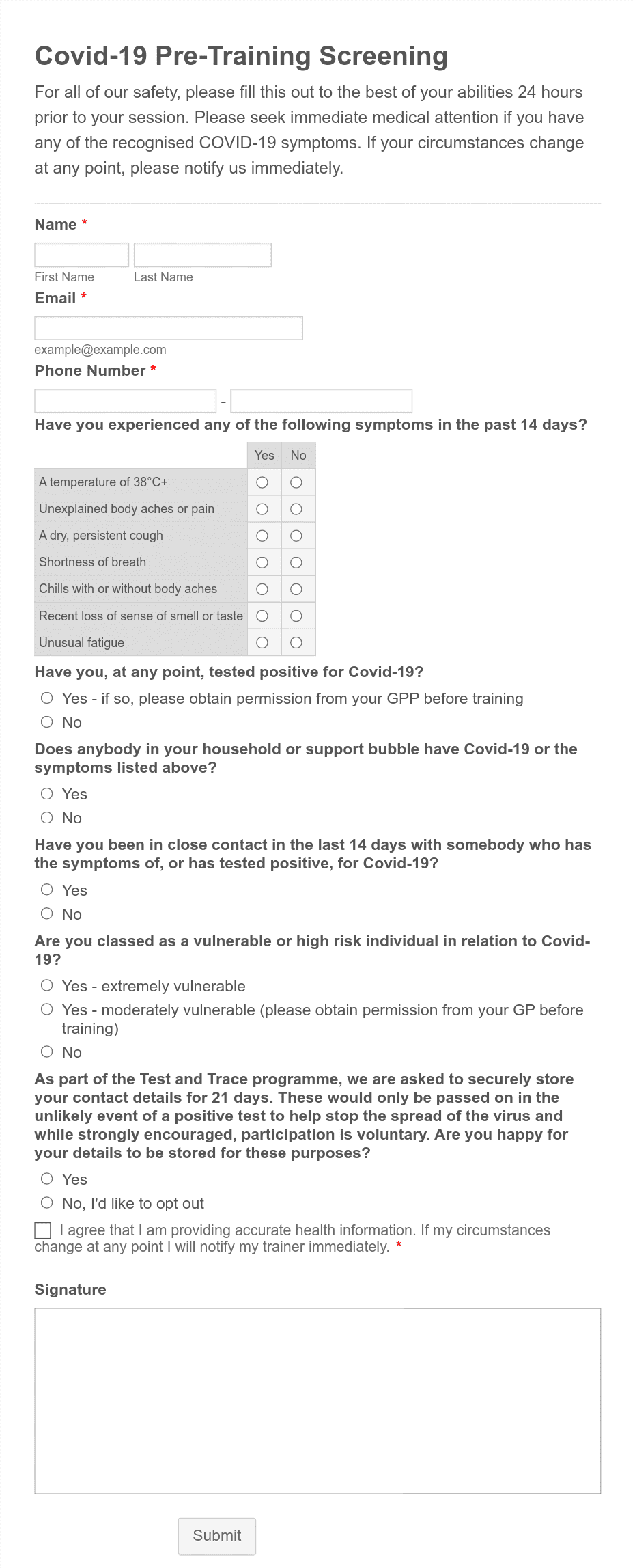 Pre-Training Covid-19 Screening Form Template | Jotform