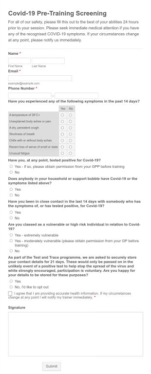 Pre Training Covid 19 Screening Form Template