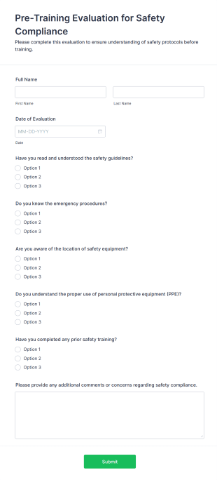 Pre Training Evaluation For Safety Compliance Form Template