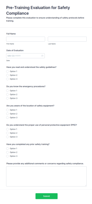 Pre Training Evaluation For Safety Compliance Form Template