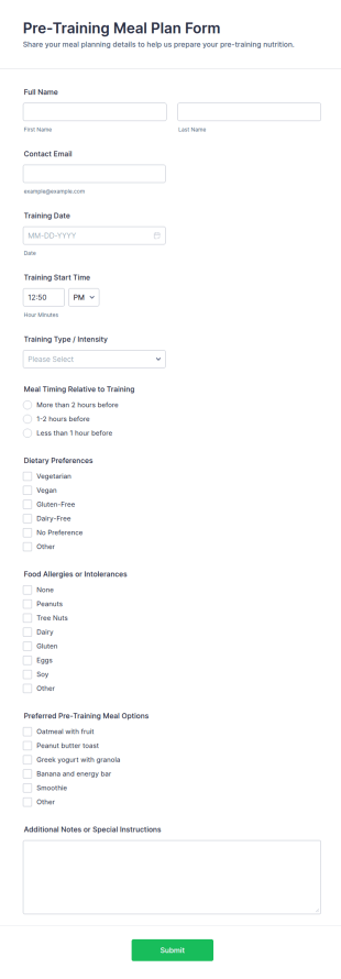 Pre Training Meal Plan Form Template