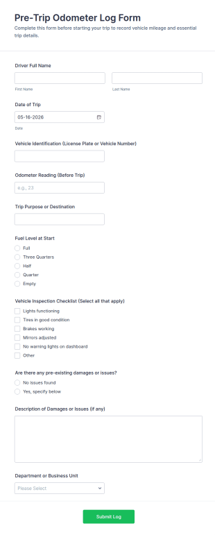 Pre Trip Odometer Log Form Template