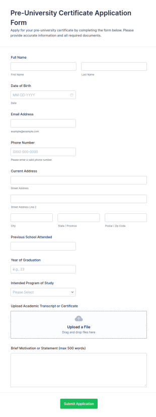 Pre University Certificate Application Form Template