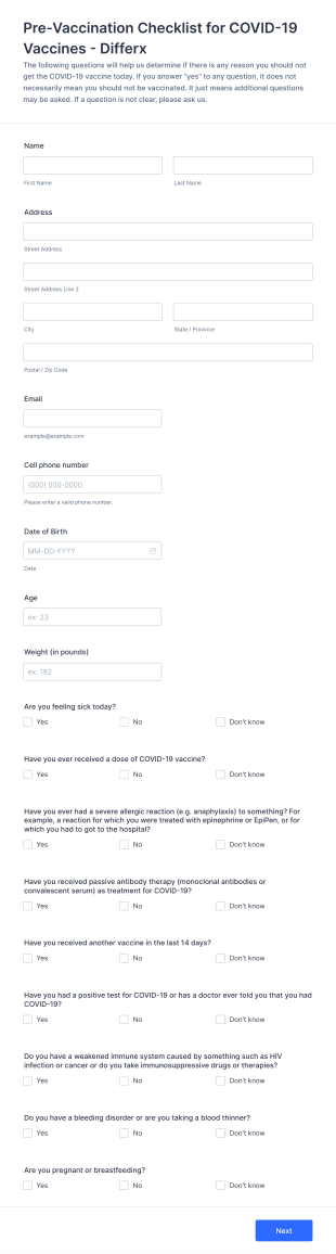 Pre Vaccination Checklist For COVID 19 Form Template