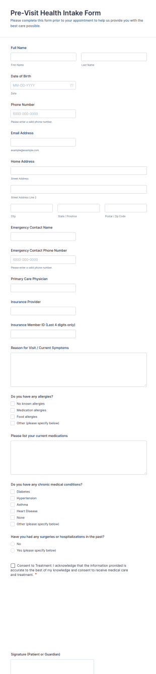 Pre Visit Health Intake Form Template