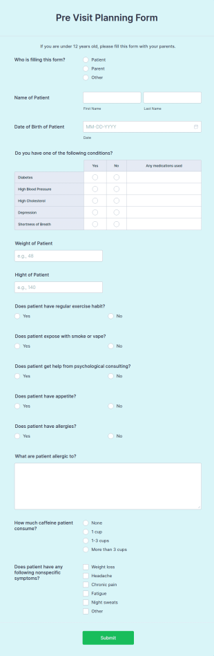 Pre Visit Planning Form Template