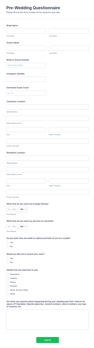 Pre Wedding Videography Questionnaire Form Template