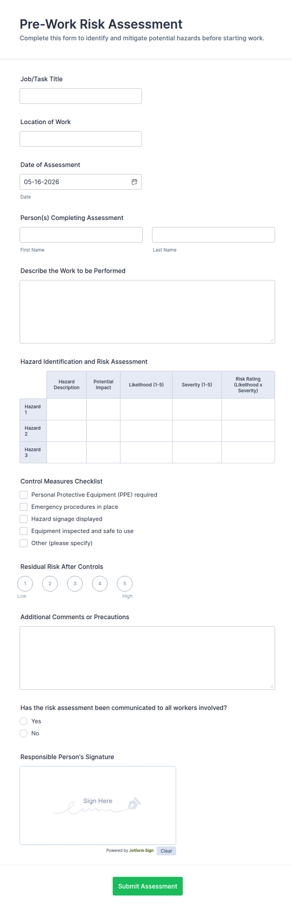 Pre-Work Risk Assessment Form Template | Jotform