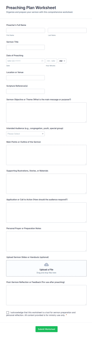 Preaching Plan Worksheet Form Template